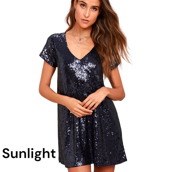 Lulus Navy Blue Sequin Short Sleeve V-Neck Shift Dress Women SZ XS - Picture 1 of 15